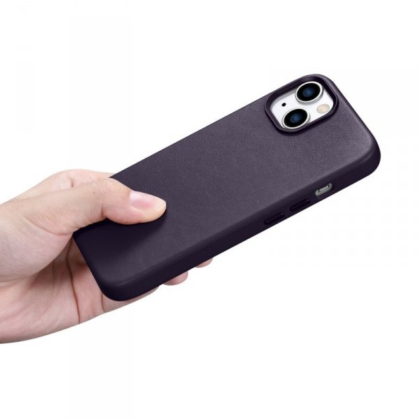 iCarer Case Leather pokrowiec etui z naturalnej skóry do iPhone 14 ciemnofioletowy (WMI14220705-DP) (kompatybilne z MagSafe)