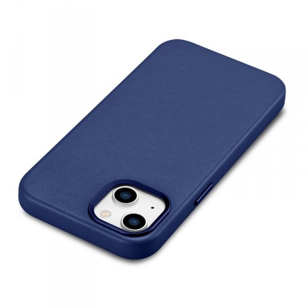 iCarer Case Leather pokrowiec etui z naturalnej skóry do iPhone 14 niebieski (WMI14220705-BU) (kompatybilne z MagSafe)