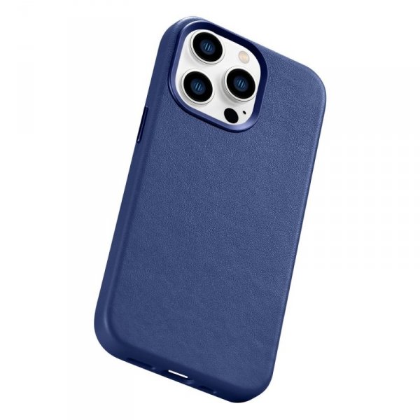 iCarer Case Leather pokrowiec etui z naturalnej skóry do iPhone 14 Pro niebieski (WMI14220706-BU) (kompatybilne z MagSafe)