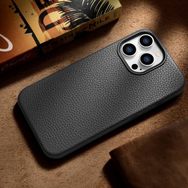 iCarer Litchi Premium Leather Case skórzane etui iPhone 14 Pro magnetyczne z MagSafe czarny (WMI14220710-BK)