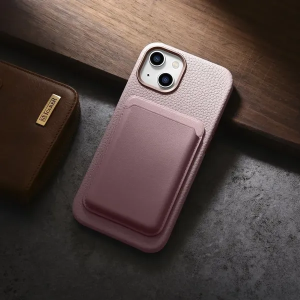 iCarer Litchi Premium Leather Case skórzane etui iPhone 14 Plus magnetyczne z MagSafe różowy (WMI14220711-PK)