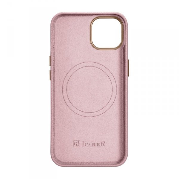 iCarer Litchi Premium Leather Case skórzane etui iPhone 14 Plus magnetyczne z MagSafe różowy (WMI14220711-PK)
