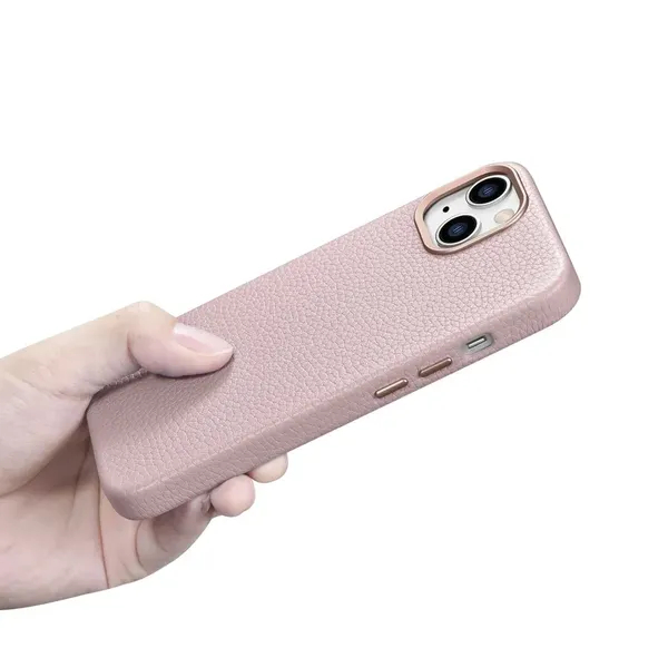 iCarer Litchi Premium Leather Case skórzane etui iPhone 14 Plus magnetyczne z MagSafe różowy (WMI14220711-PK)