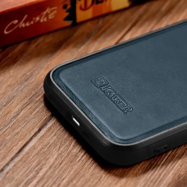 iCarer Leather Oil Wax etui pokryte naturalną skórą do iPhone 14 Plus niebieski (WMI14220719-BU)