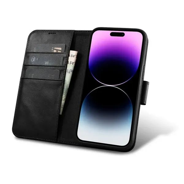 iCarer Oil Wax Wallet Case 2in1 etui iPhone 14 Pro skórzany pokrowiec z klapką Anti-RFID czarny (WMI14220722-BK)