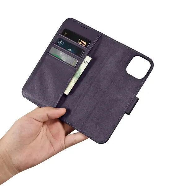 iCarer Wallet Case 2in1 etui iPhone 14 Plus skórzany pokrowiec z klapką Anti-RFID ciemnofioletowy (WMI14220727-DP)