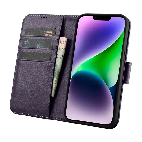 iCarer Wallet Case 2in1 etui iPhone 14 Plus skórzany pokrowiec z klapką Anti-RFID ciemnofioletowy (WMI14220727-DP)