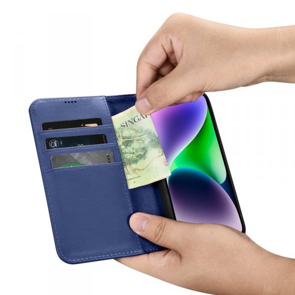 iCarer Wallet Case 2in1 etui iPhone 14 Plus skórzany pokrowiec z klapką Anti-RFID niebieski (WMI14220727-BU)