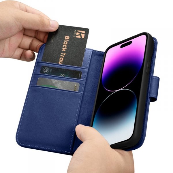 iCarer Wallet Case 2in1 etui iPhone 14 Pro Max skórzany pokrowiec z klapką Anti-RFID niebieski (WMI14220728-BU)