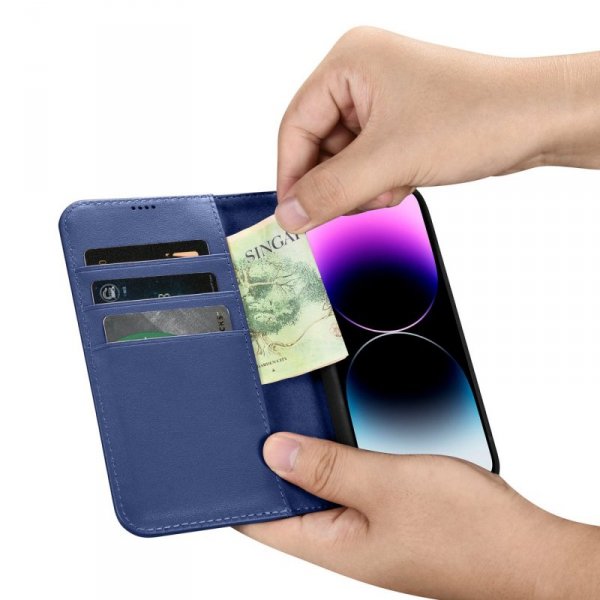 iCarer Wallet Case 2in1 etui iPhone 14 Pro Max skórzany pokrowiec z klapką Anti-RFID niebieski (WMI14220728-BU)