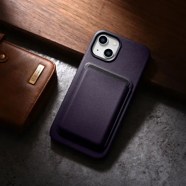 iCarer Case Leather pokrowiec etui z naturalnej skóry do iPhone 14 Plus ciemnofioletowy (kompatybilne z MagSafe)