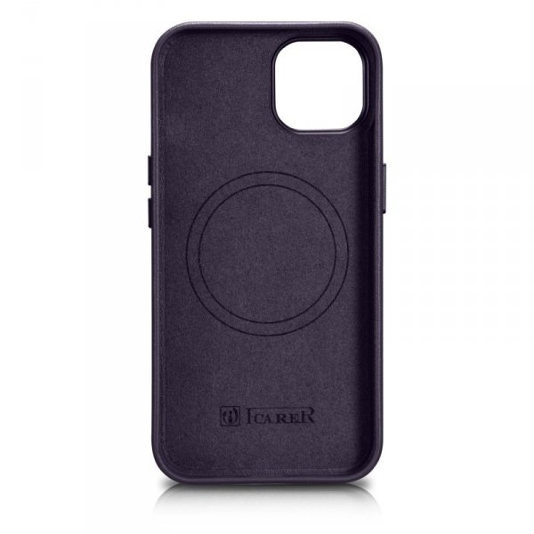 iCarer Case Leather pokrowiec etui z naturalnej skóry do iPhone 14 Plus ciemnofioletowy (kompatybilne z MagSafe)