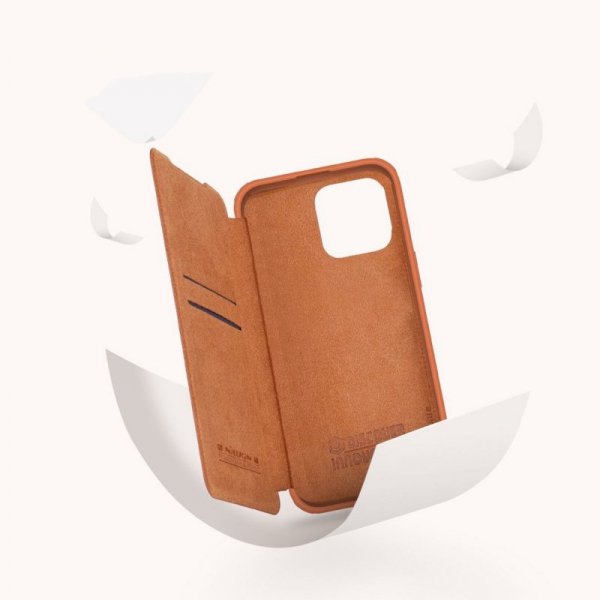 Nillkin Qin Leather Pro Case etui iPhone 14 Pro osłona na aparat kabura pokrowiec obudowa z klapką brązowy