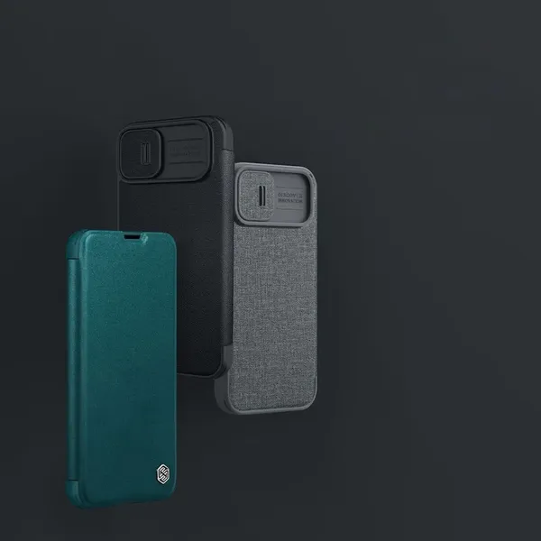 Nillkin Qin Leather Pro Case etui iPhone 14 Plus osłona na aparat kabura pokrowiec obudowa z klapką zielony