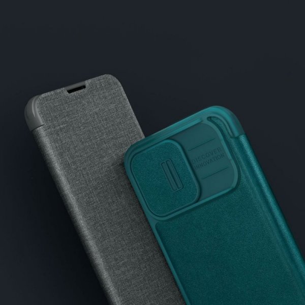 Nillkin Qin Cloth Pro Case etui do iPhone 14 Pro Max osłona na aparat kabura pokrowiec obudowa z klapką niebieski