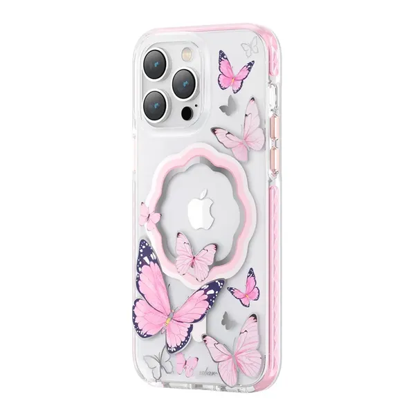 Kingxbar Butterfly Series magnetyczne etui iPhone 14 MagSafe etui z motylami różowe