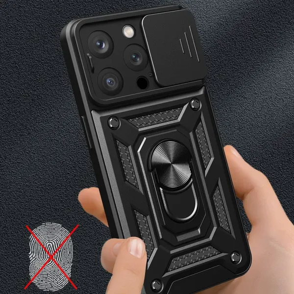 Pancerne etui z podstawką i osłoną aparatu do iPhone 15 Pro Max Hybrid Armor Camshield - niebieskie
