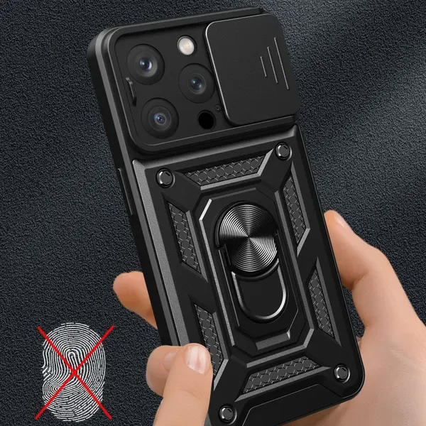 Pancerne etui z podstawką i osłoną aparatu do iPhone 15 Pro Hybrid Armor Camshield - niebieskie
