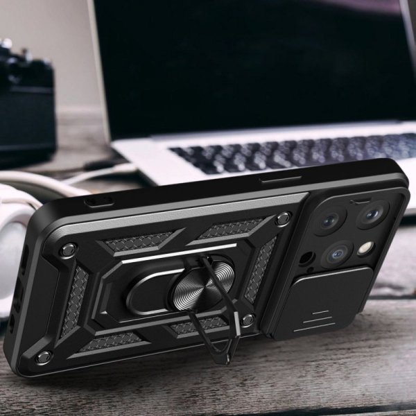 Pancerne etui z podstawką i osłoną aparatu do iPhone 15 Pro Hybrid Armor Camshield - niebieskie