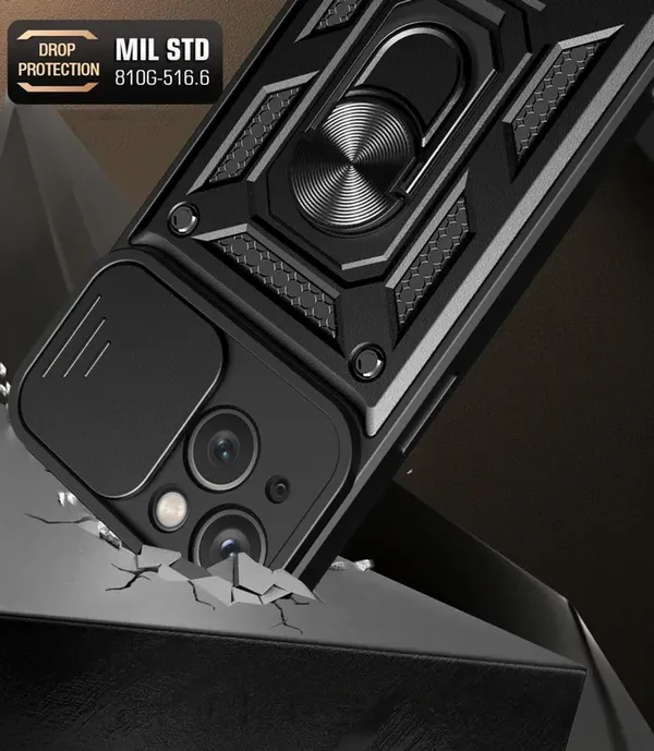 Pancerne etui z podstawką i osłoną aparatu do iPhone 15 Plus Hybrid Armor Camshield - różowe