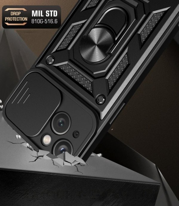 Pancerne etui z podstawką i osłoną aparatu do iPhone 15 Plus Hybrid Armor Camshield - niebieskie