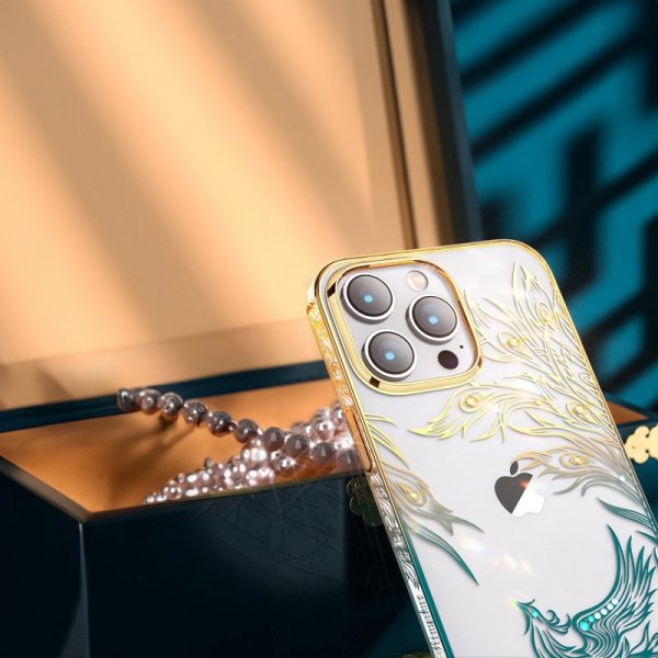 Luksusowe etui iPhone 14 Plus z kryształami Kingxbar Phoenix - złoto-niebieskie
