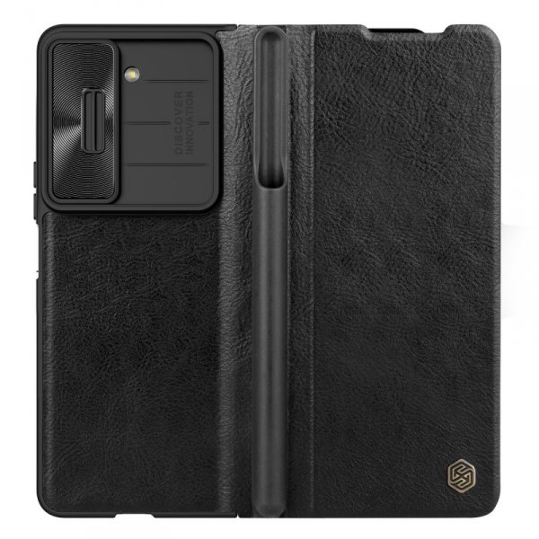 Skórzane etui z klapką i osłoną aparatu do Samsung Galaxy Z Fold 5 Nillkin Qin Leather Pro - czarne