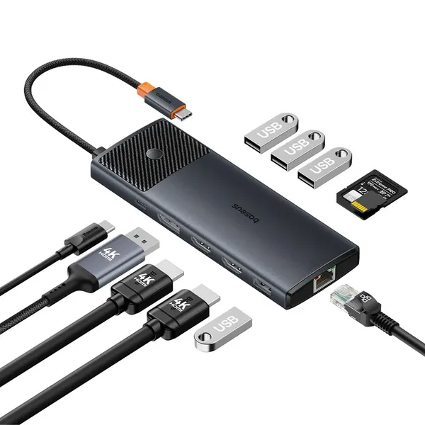 HUB USB 11w1 Baseus Metal Gleam Series II USB-A/USB-C PD/HDMI/DP/RJ45/SD/TF - czarny