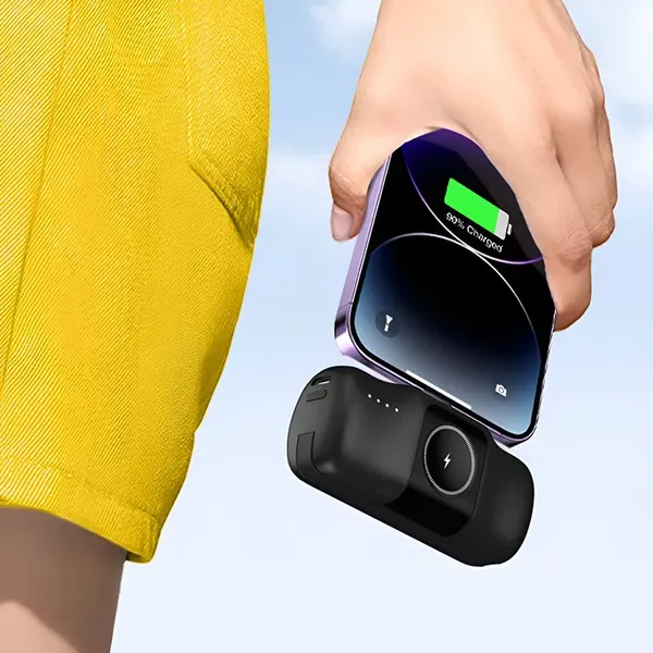 Mini powerbank Wozinsky WF16-YLS 5000mAh 15W Lightning z wbudowanym kablem USB-C i ładowarką do Apple Watch - czarny
