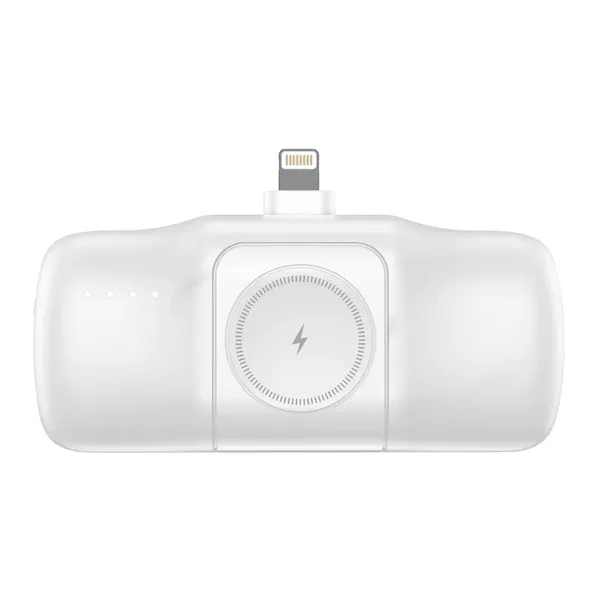 Mini powerbank Wozinsky WF16-YLS 5000mAh 15W Lightning z wbudowanym kablem USB-C i ładowarką do Apple Watch - biały