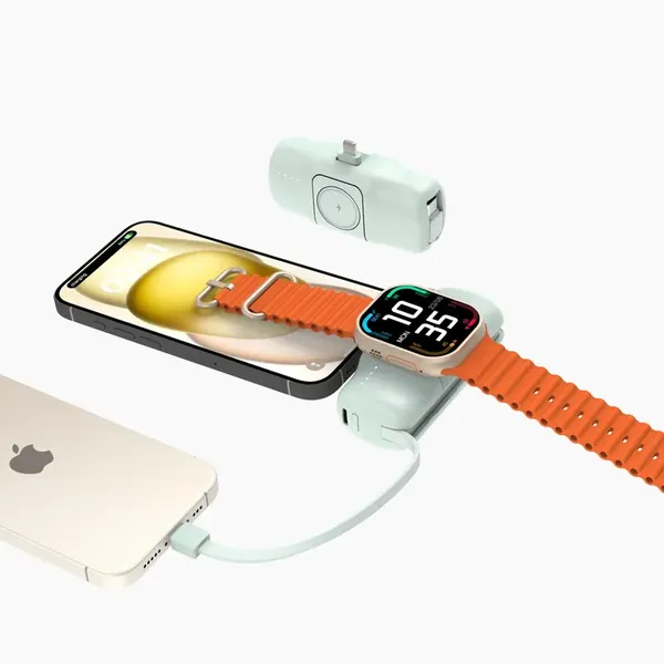 Mini powerbank Wozinsky WF16-YLS 5000mAh 15W Lightning z wbudowanym kablem USB-C i ładowarką do Apple Watch - zielony