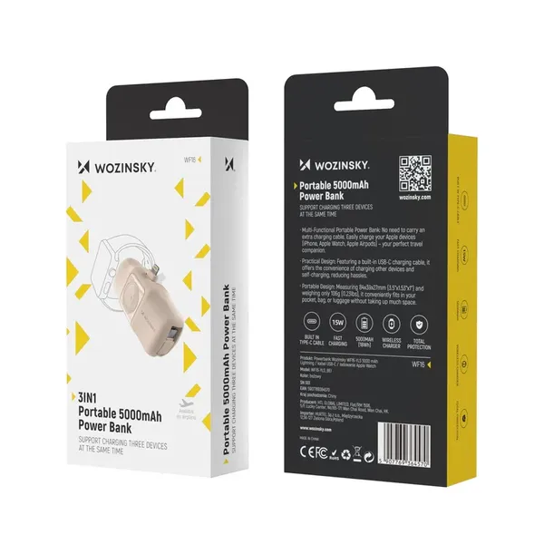 Mini powerbank Wozinsky WF16-YLS 5000mAh 15W Lightning z wbudowanym kablem USB-C i ładowarką do Apple Watch - beżowy