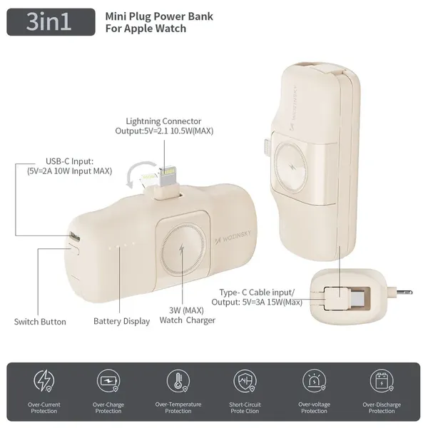 Mini powerbank Wozinsky WF16-YLS 5000mAh 15W Lightning z wbudowanym kablem USB-C i ładowarką do Apple Watch - beżowy