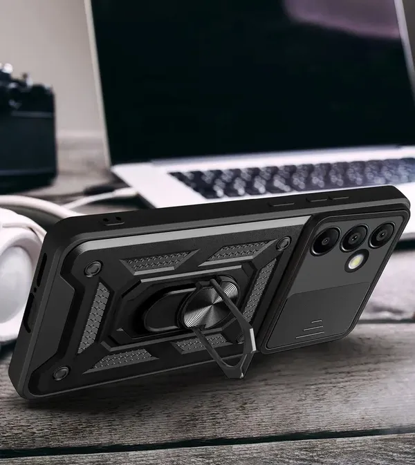 Etui pancerne Hybrid Armor Camshield z osłoną aparatu i metalowym ringiem do Samsung Galaxy S24 FE - czarne