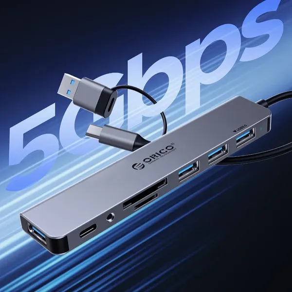 Hub USB-A/USB-C Orico YSA7-U3 stacja dokująca 4x USB-A 2.0 + 1x USB-A 3.0 + 2x USB-C 2.0 - szary