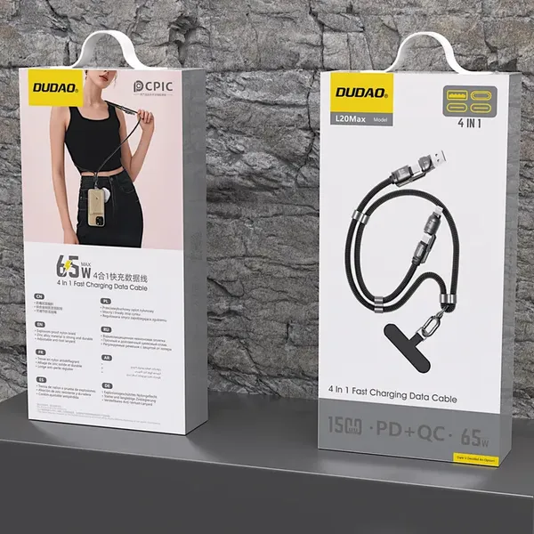 Kabel 4w1 / smycz Dudao L20MAX USB-A / USB-C / Lightning PD QC 65W 1.5m - czarny