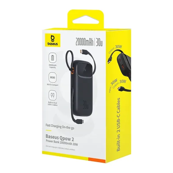 Powerbank Baseus QPow 2 20000mAh 30W z 2 wbudowanymi kablami USB-C - czarny