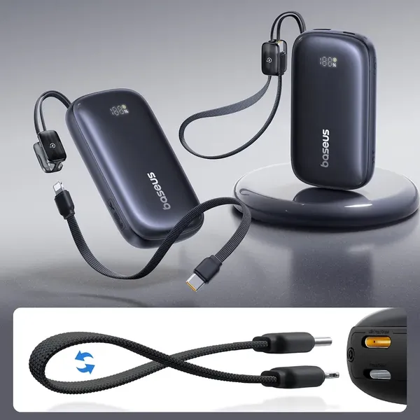 Powerbank Baseus EnerFill FC21 QPow3 Ultra 10000mAh 22.5W z wyświetlaczem cyfrowym i odłączanym kablem - czarny