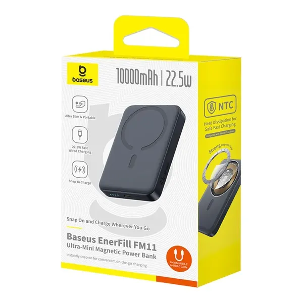 Powerbank Baseus EnerFill FM11 Ultra-Mini 10000mAh 22,5W kompatybilny z MagSafe z kablem Baseus Simple USB-C 20V/3A 30cm - czarn