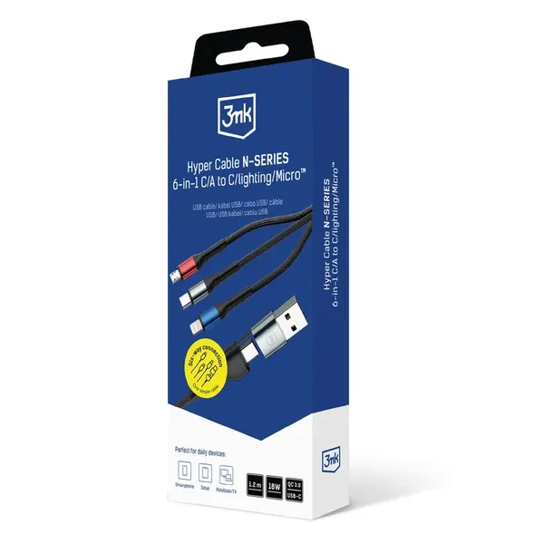 Kabel 3mk Hyper Cable N-SERIES 6 in 1 USB-C / USB-A to USB-C / Lightning / Micro 1.2m QC 3.0 9V / 2A 18W - czarny