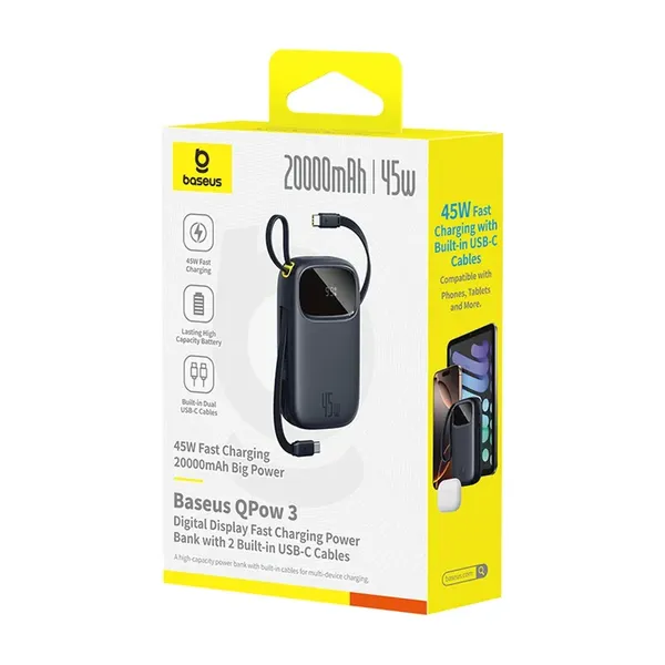 Powerbank Baseus EnerFill FC31 20000mAh 45W z wyświetlaczem cyfrowym z 2 wbudowanymi kablami USB-C - czarny