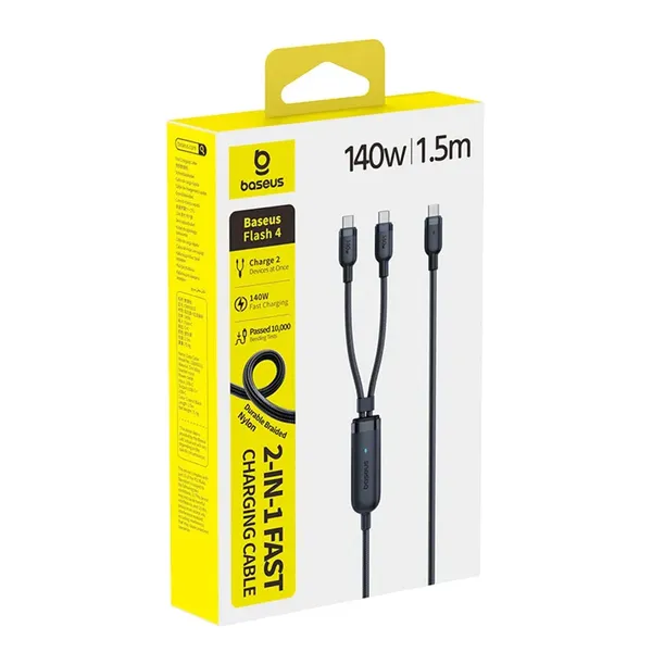 Kabel Baseus Flash 4 140W 2w1 USB-C do USB-C + USB-C 1.5 m - czarny