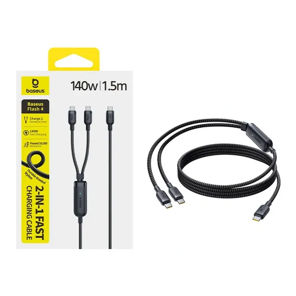 Kabel Baseus Flash 4 140W 2w1 USB-C do USB-C + USB-C 1.5 m - czarny