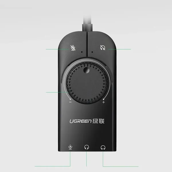 Ugreen zewnętrzna karta dzwiękowa muzyczna adapter USB - 3,5 mm mini jack z regulacją głośnościc 15cm czarny (40964)
