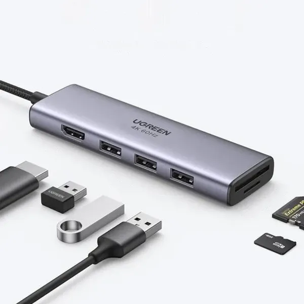 Ugreen 6w1 wielofunkcyjny HUB USB Typ C - 3x USB 3.2 Gen 1 / HDMI 4K 60Hz / czytnik kart SD i TF szary (60383 CM511)