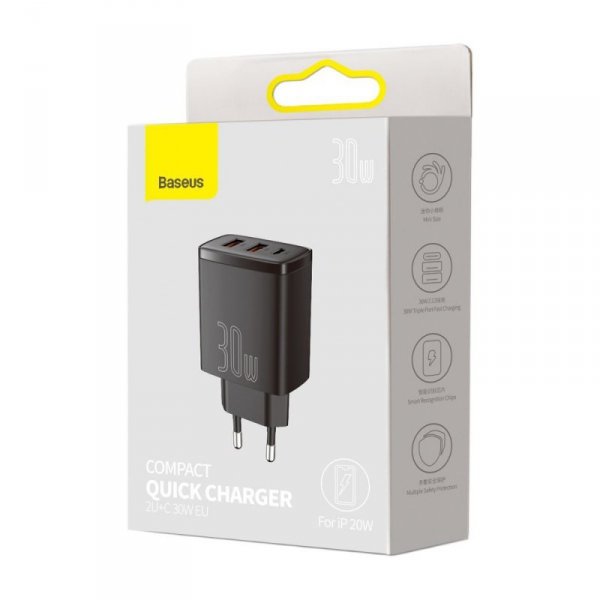 Baseus Compact szybka ładowarka sieciowa 2x USB / USB Typ C 30W 3A Power Delivery Quick Charge czarny (CCXJ-E01)