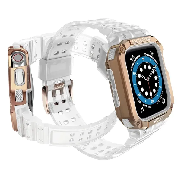 Pasek z etui ochronnym Protect Strap Band do Apple Watch 42 / 44 / 45 mm opaska obudowa pancerna - biały, różowe złoto