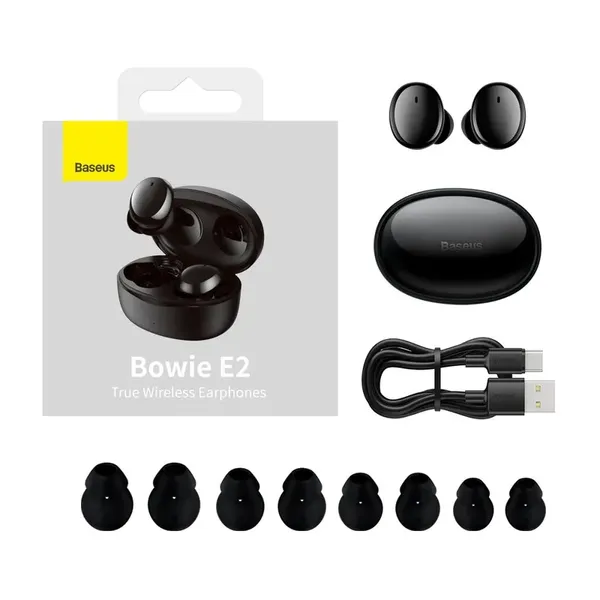 Baseus Bowie E2 bezprzewodowe słuchawki TWS Bluetooth 5.2 wodoodporne IP55 czarny (NGTW090001)