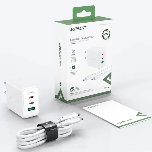 Acefast 2w1 ładowarka sieciowa 2x USB-C / USB-A 65W, PD, QC 3.0, AFC, FCP (zestaw z kablem USB-C 1.2m) biały (A13 white)