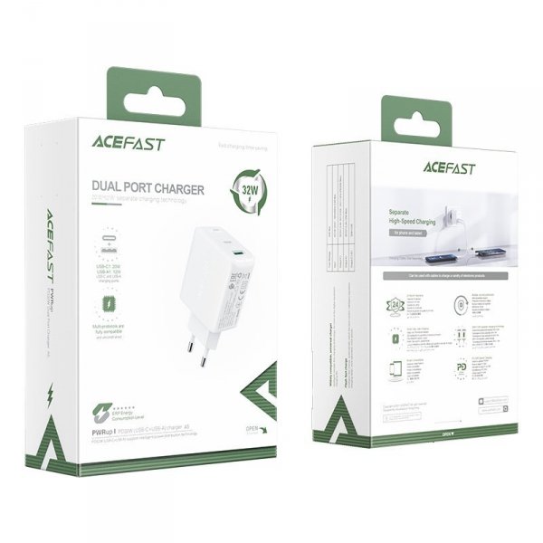 Acefast ładowarka sieciowa USB Typ C / USB 32W, PPS, PD, QC 3.0, AFC, FCP biały (A5 white)